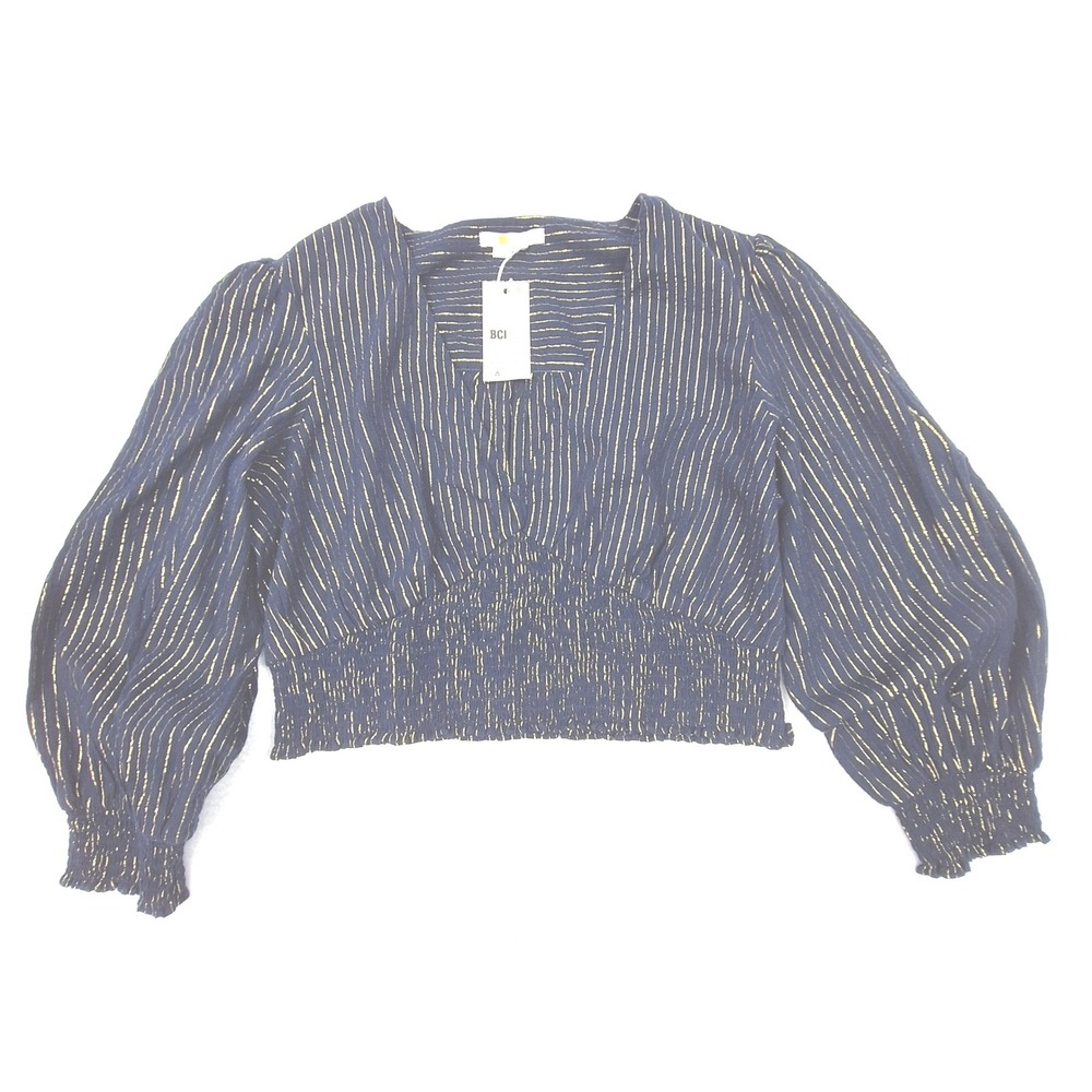 Boden Crop Top Womens 14 Navy Blue Gold Metallic Striped Smocked Puff Sleeve